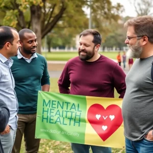 Group of men discussing mental health in a community setting