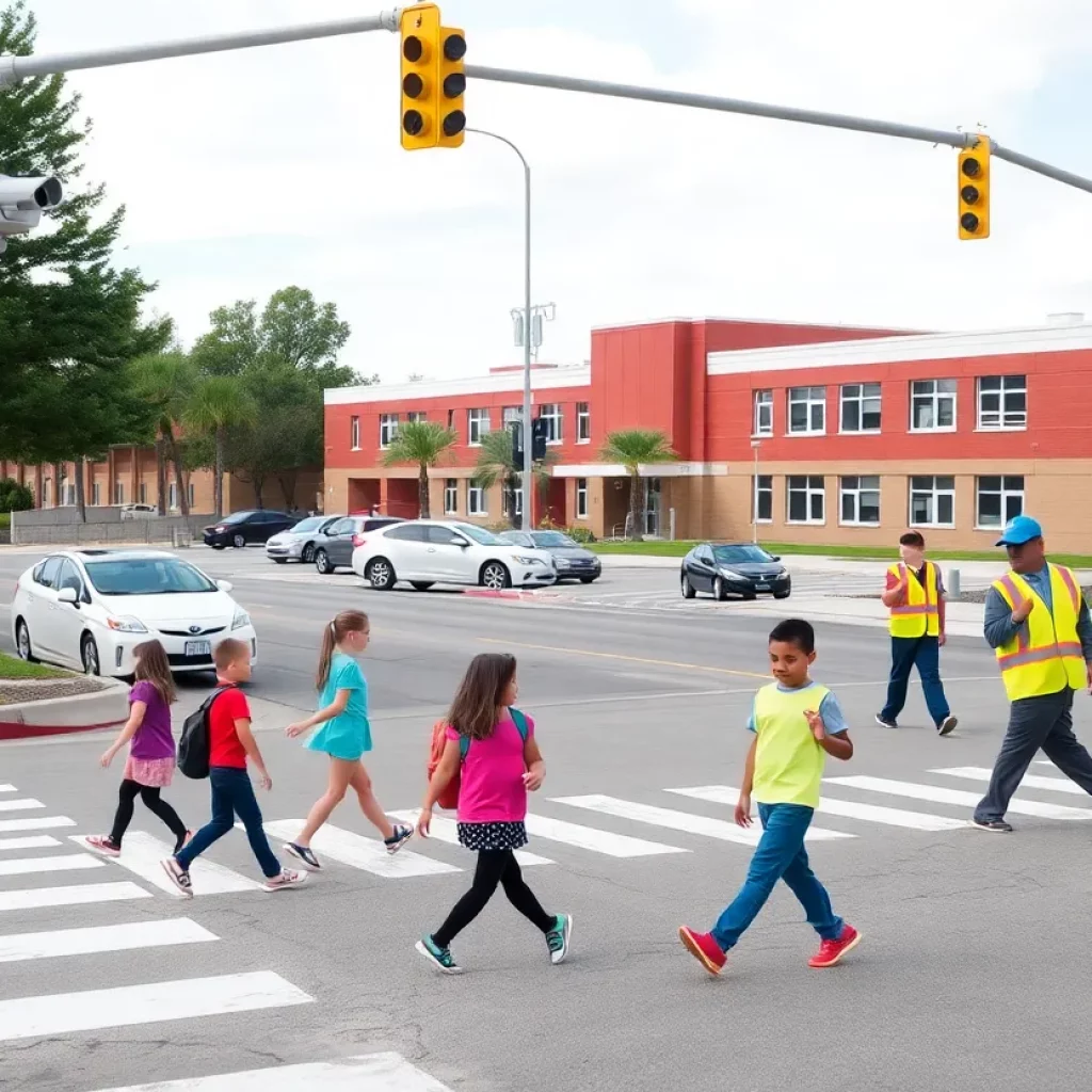Traffic cameras installed in a school zone in Knoxville with children crossing safely.