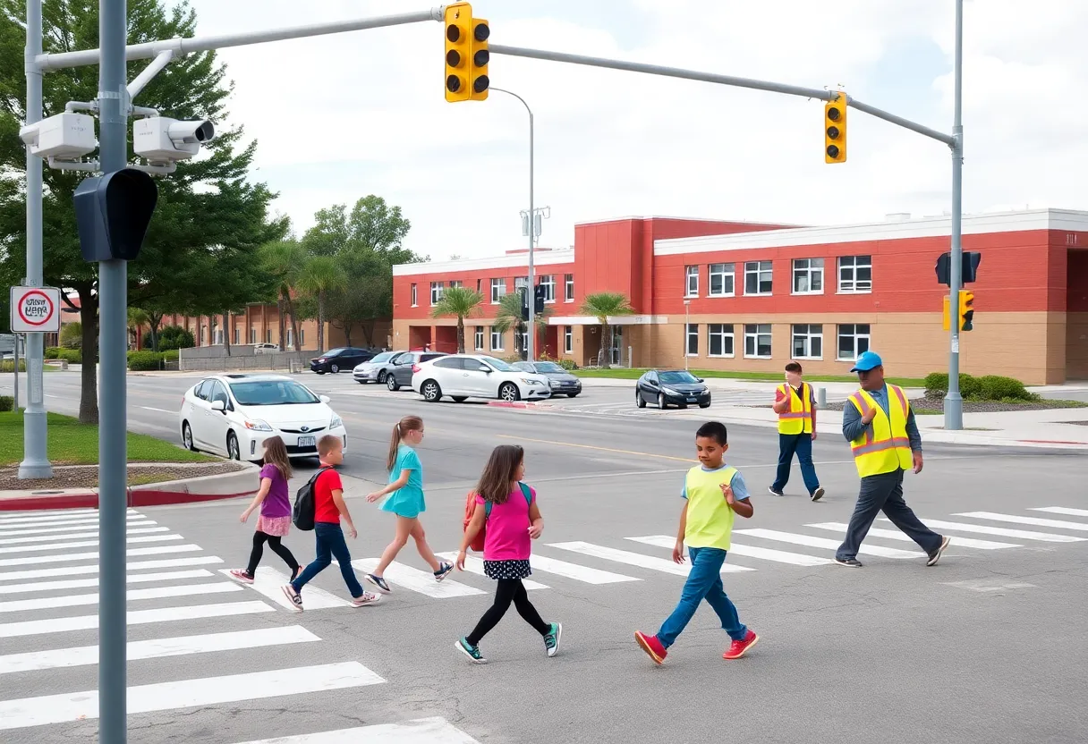 Traffic cameras installed in a school zone in Knoxville with children crossing safely.
