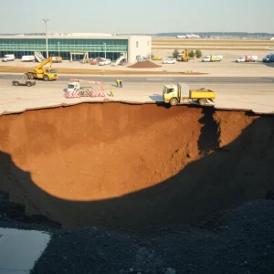 A sinkhole at McGhee Tyson Airport under repair by construction crews