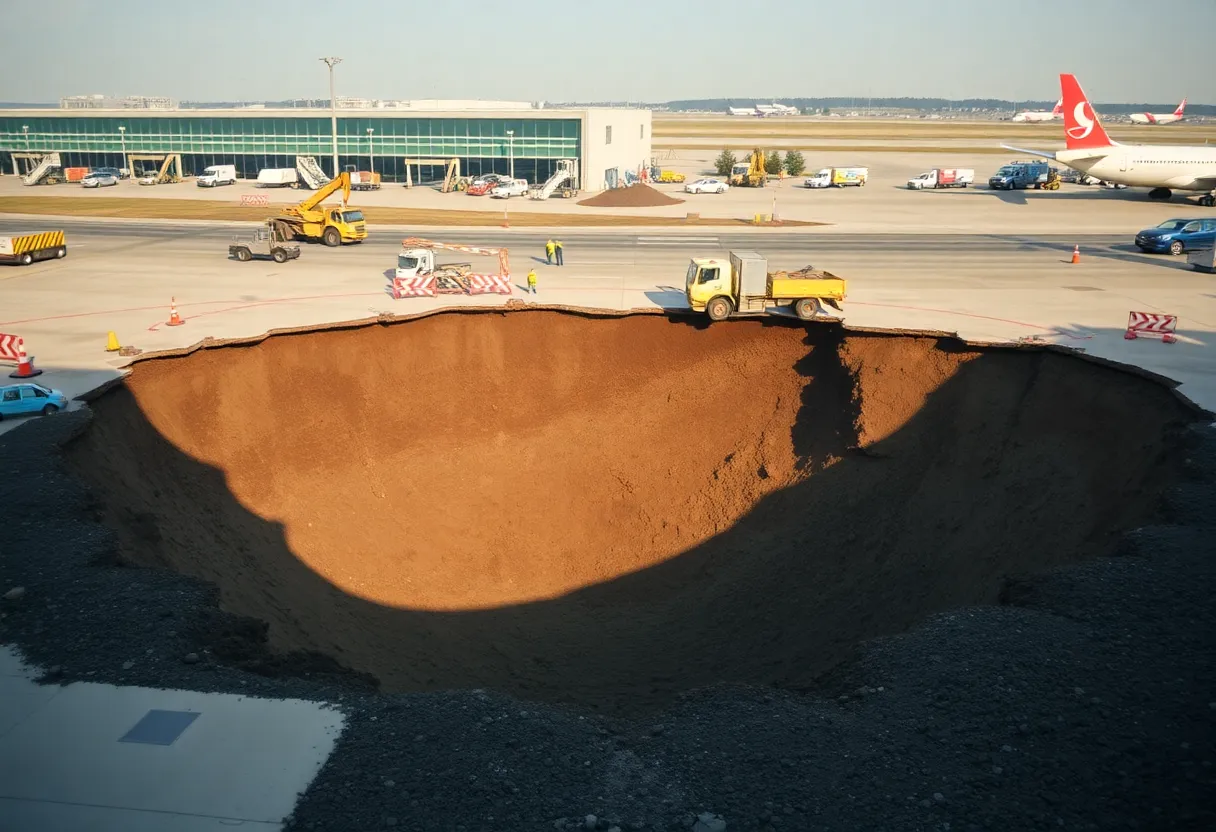 A sinkhole at McGhee Tyson Airport under repair by construction crews