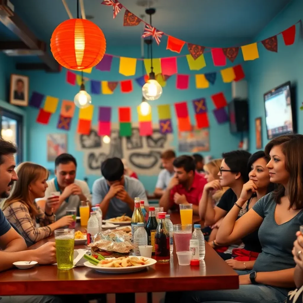 Group of diverse individuals at South Press Café celebrating Pride Month