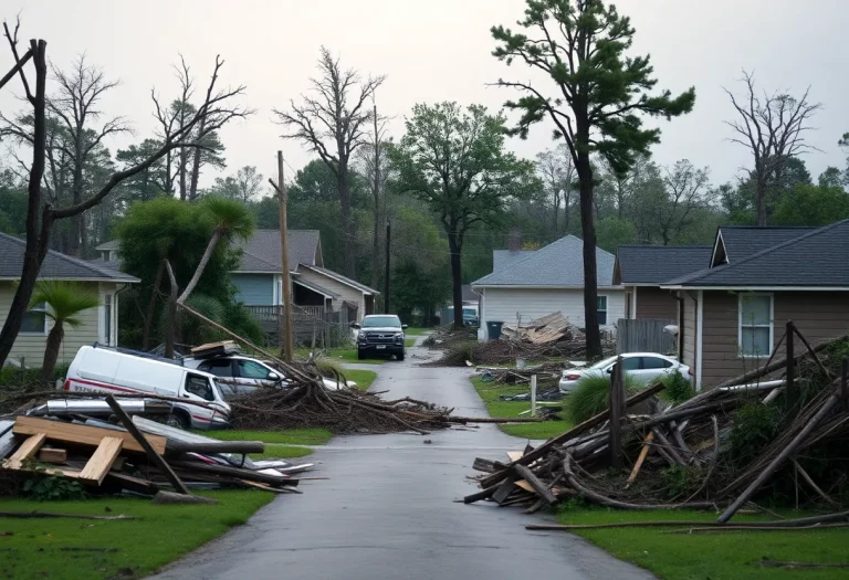 Severe storm damage with debris and destroyed homes