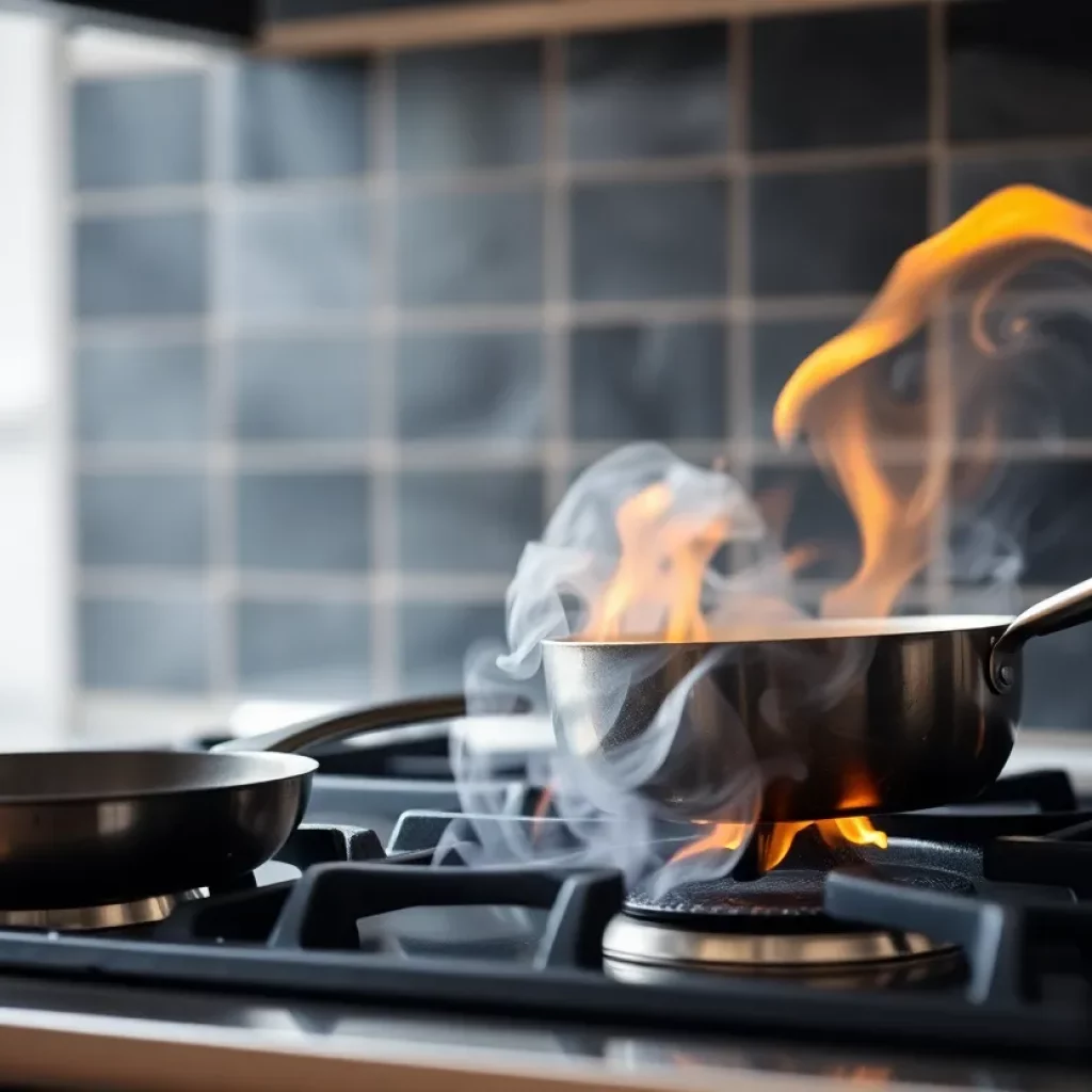 A kitchen scene showing fire hazards on the stovetop.