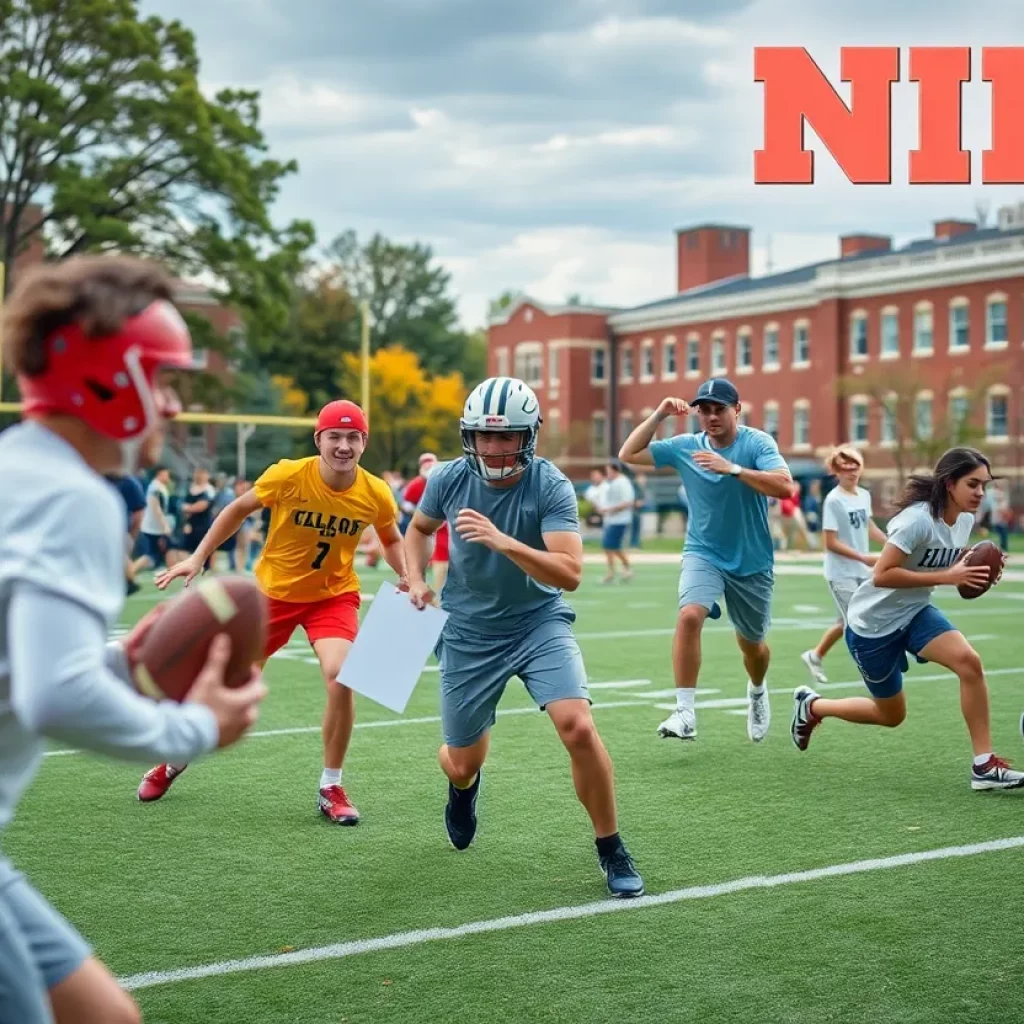 College athletes discussing NIL deals on campus.