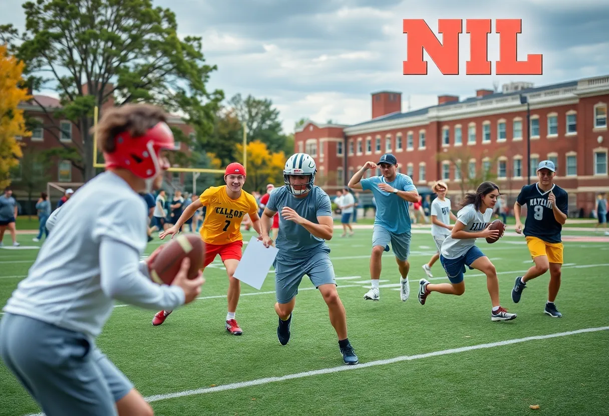 College athletes discussing NIL deals on campus.