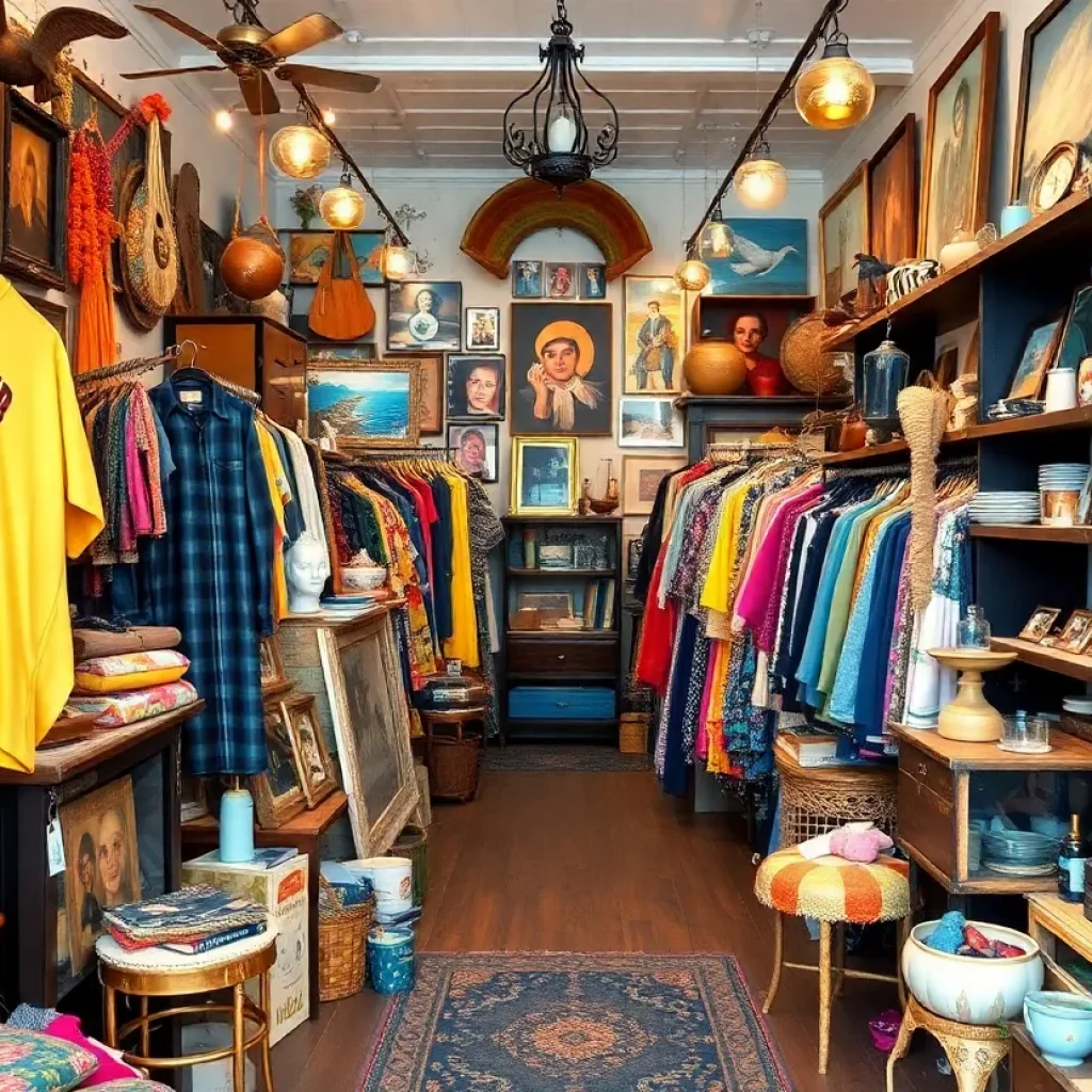 Interior view of The Revival vintage shop showcasing vintage clothing and local art.