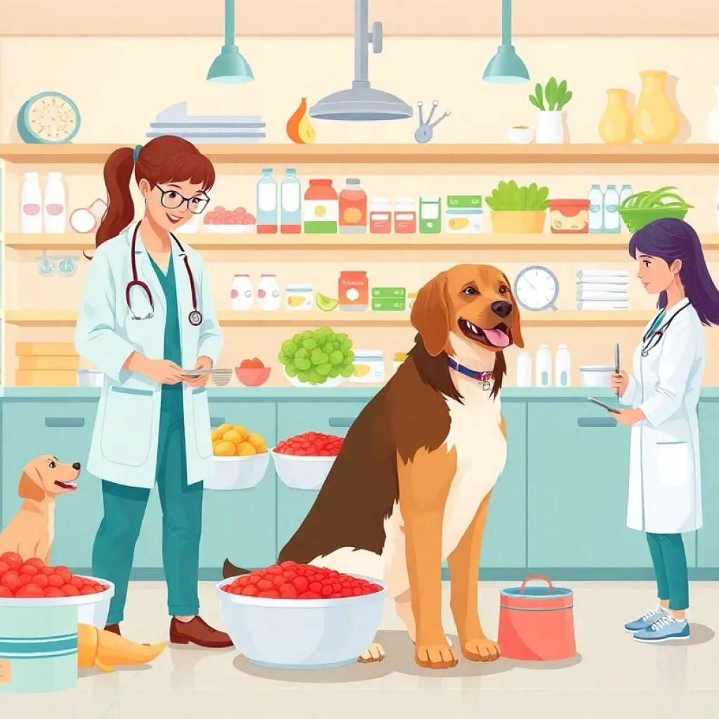 Veterinarian discussing nutrition with pet owners in a clinical setting