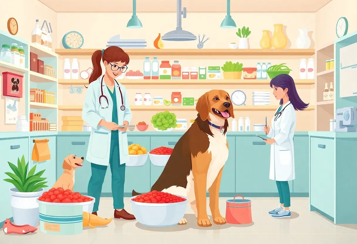 Veterinarian discussing nutrition with pet owners in a clinical setting