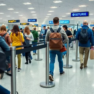 Travelers at an airport security checkpoint without removing their shoes
