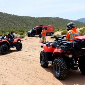 A serene off-road trail indicating safe ATV riding with safety gear.