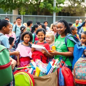 Families participating in a back to school supply drive