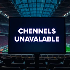 A television screen showing a blackout message with a sports-themed background.