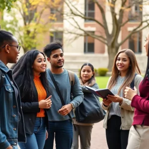 Diverse university students discussing inclusion themes