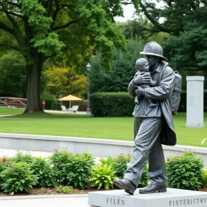Statue of a firefighter memorial dedicated to fallen heroes