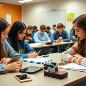 Students in a classroom with personal devices stored away