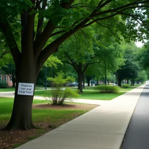 A note of gratitude affixed to a tree on the greenway.