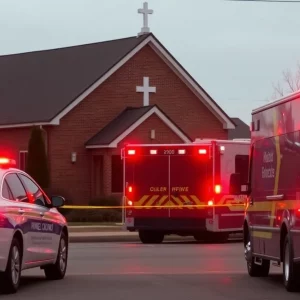 Emergency response vehicles outside a church following a shooting incident.