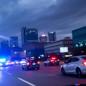 Police lights flashing in a Knoxville cityscape during a chase