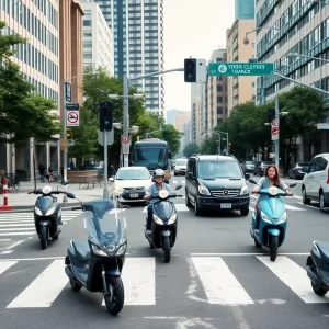 Electric scooters at an urban intersection in Knoxville