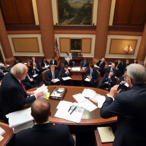 Lawmakers discussing a new tax bill in a legislative hall