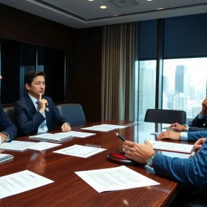 Executives in a boardroom discussing a lawsuit settlement