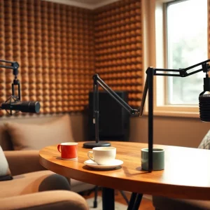 Cozy podcasting studio setup with microphones and coffee cups.