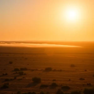 A landscape depicting the effects of a severe heatwave in the United States, with visible heat distortion and dry terrain.