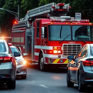 A fire engine speeding through a neighborhood causing damage