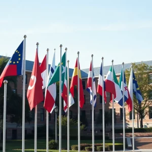 University of Tennessee campus with flags representing international partnerships