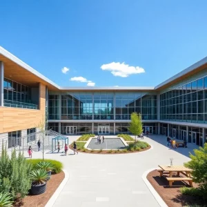Concept art of the University Recreation Center featuring fitness areas and modern design.