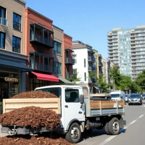 Delivery truck parked on an urban street with landscaping materials.