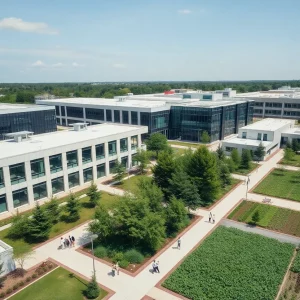 Aerial view of a university research campus showcasing various research activities.