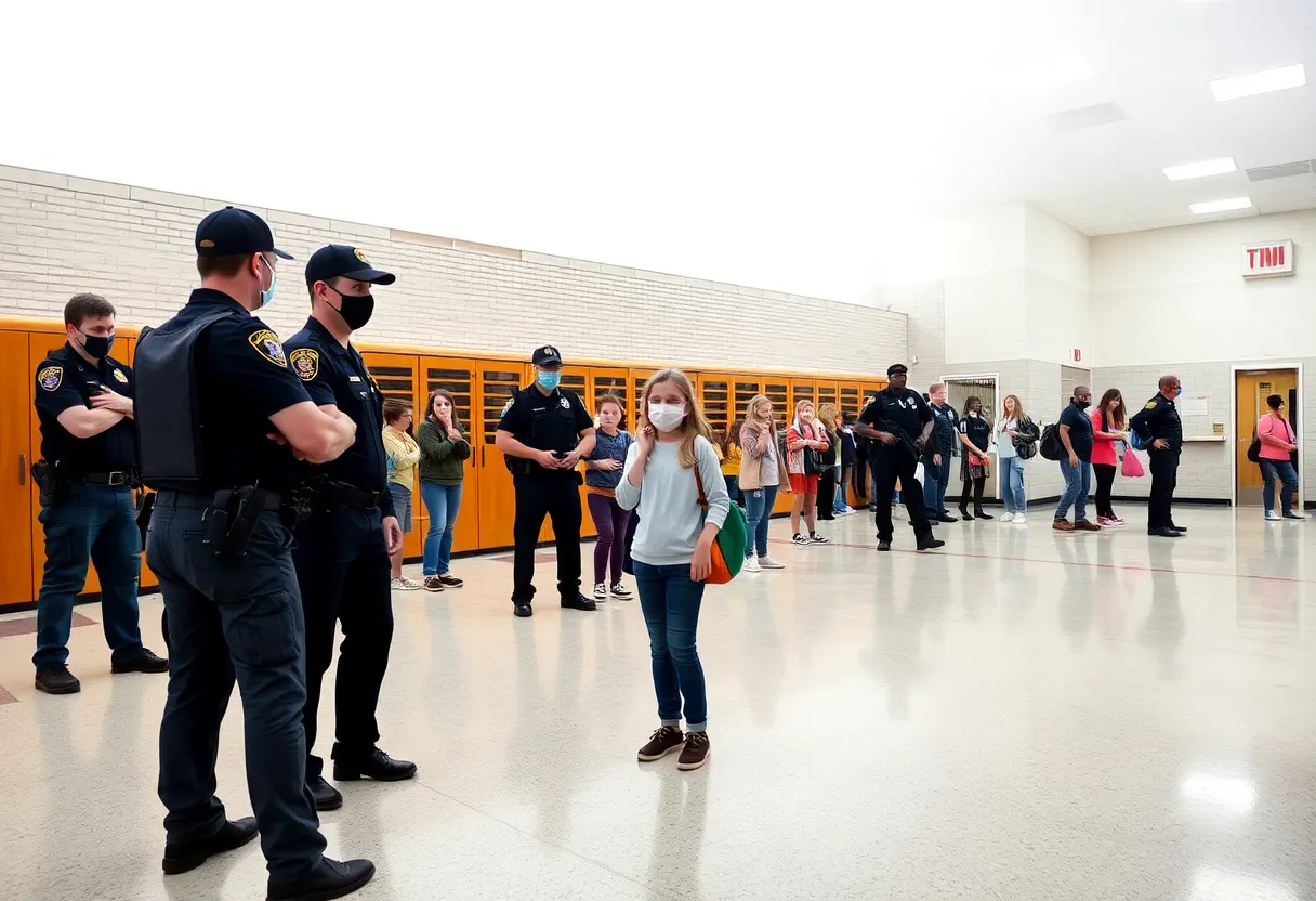 Police officers overseeing Central High School during a lockdown