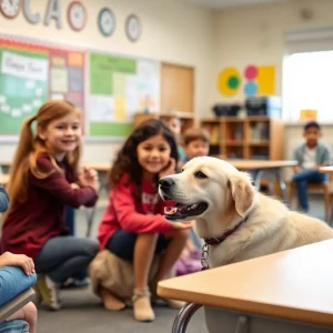 Children in a classroom with a therapy dog providing comfort.