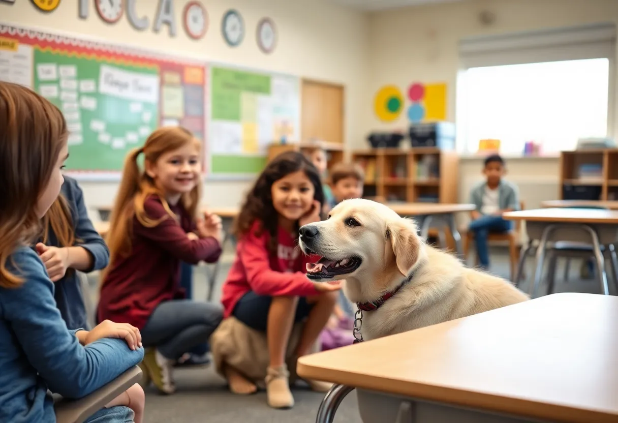 Children in a classroom with a therapy dog providing comfort.