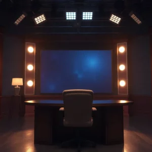 Empty late-night studio set representing CBS's cancellation of Stephen Colbert's show