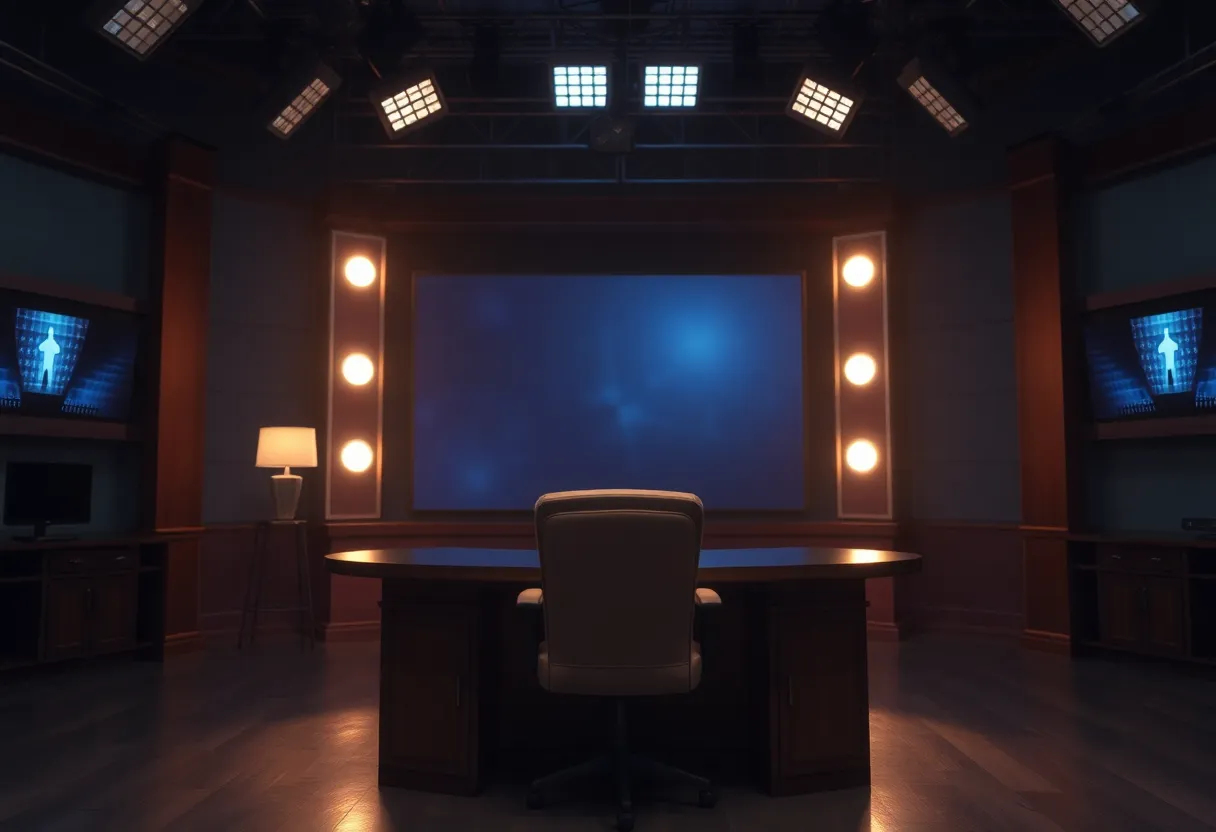 Empty late-night studio set representing CBS's cancellation of Stephen Colbert's show