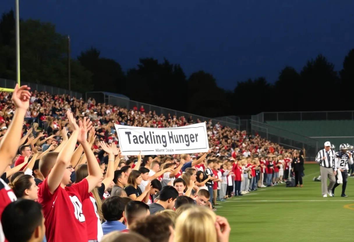 High school football game with fans supporting the Tackling Hunger initiative.