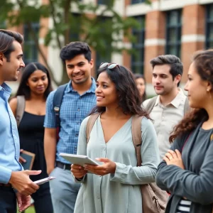 Diverse group of students collaborating at university campus.