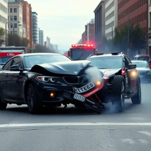 Scene of a drag racing incident with emergency vehicles responding.