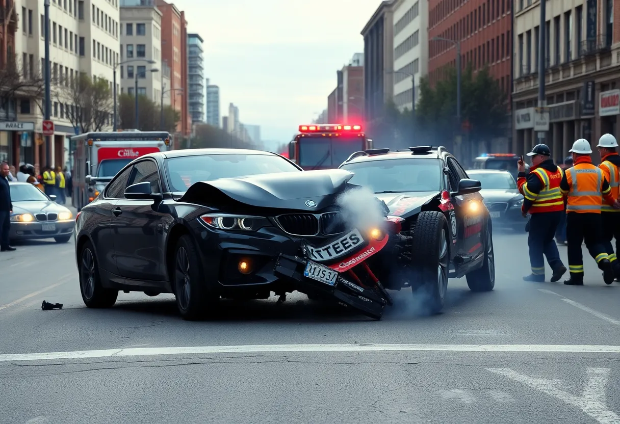 Scene of a drag racing incident with emergency vehicles responding.