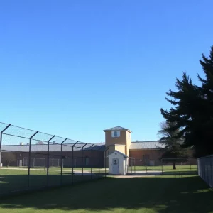 A scenic view of a Federal Prison Camp with greenery and buildings
