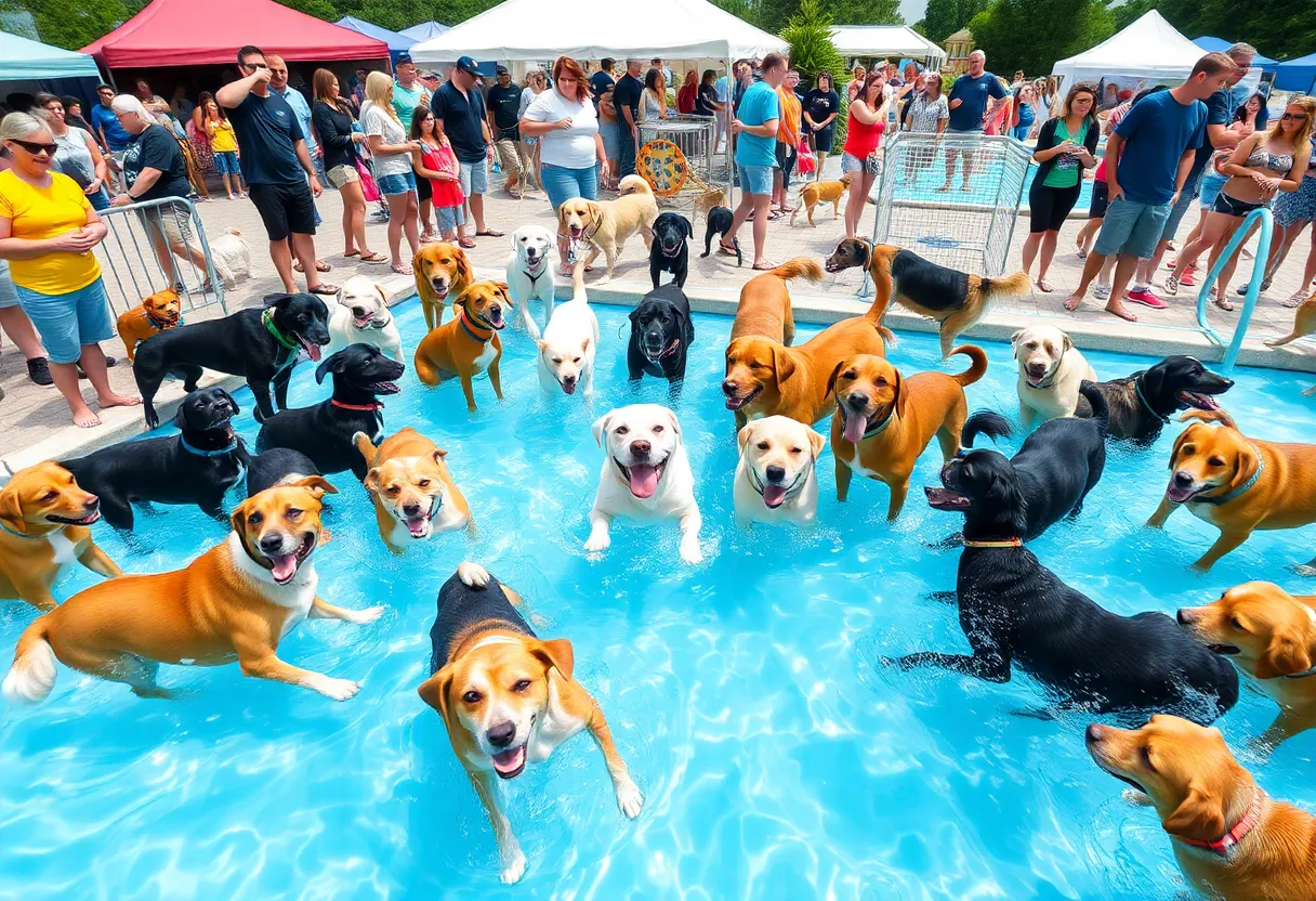 Dogs swimming and playing at the Fourth Paws in the Pool event
