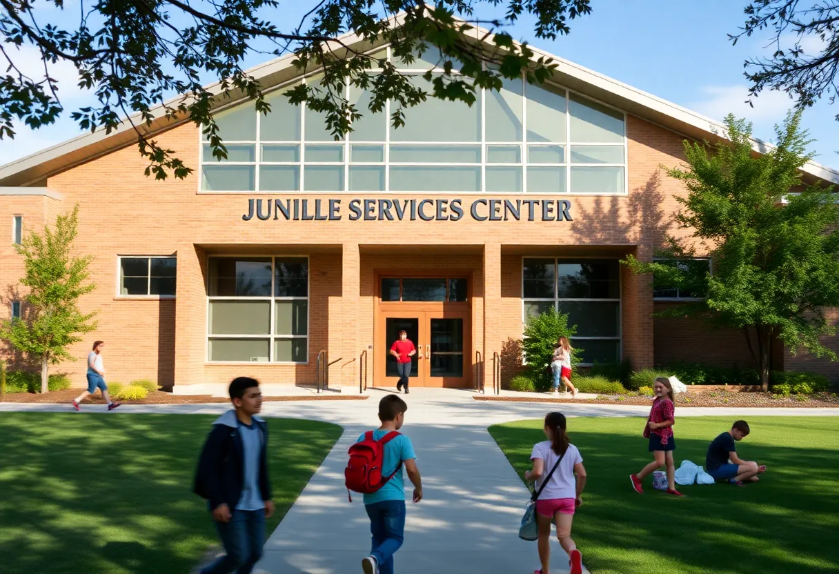 Exterior view of the Richard L. Bean Juvenile Services Center surrounded by greenery.