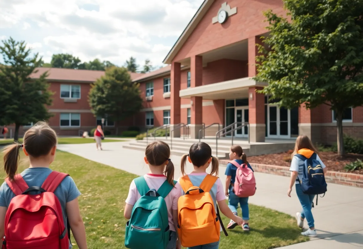Students with backpacks outdoors in front of a school building at the start of the academic year