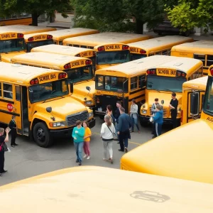 Buses parked in the Knox County Schools bus yard with staff and parents present.