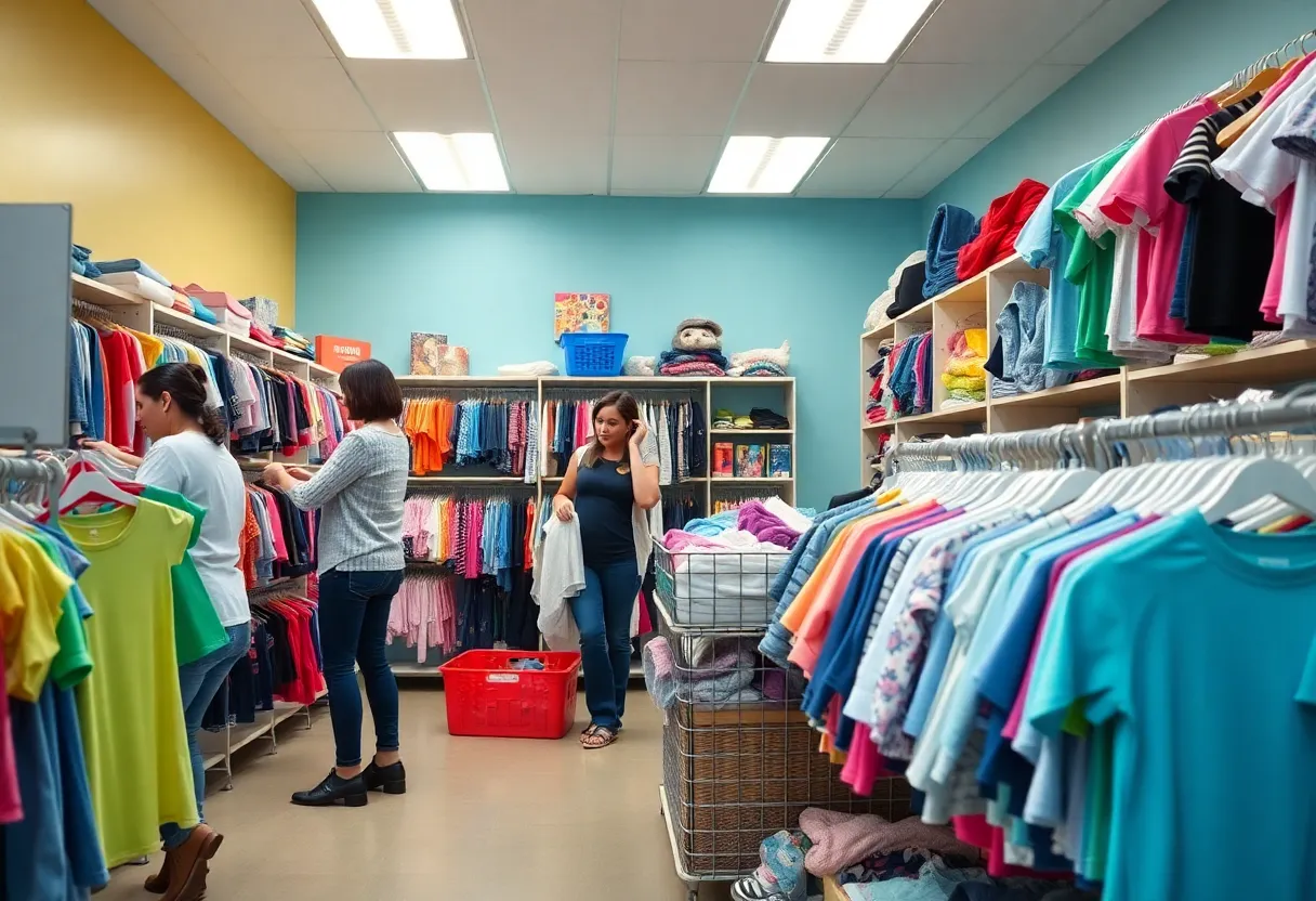 Interior of Knox County Schools Clothing Resource Center showcasing organized children's clothing.