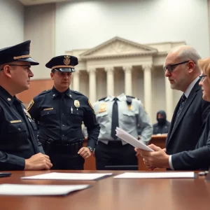 Police officers consulting an attorney in front of a government building