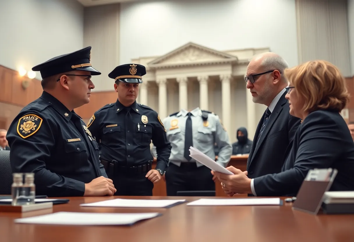 Police officers consulting an attorney in front of a government building